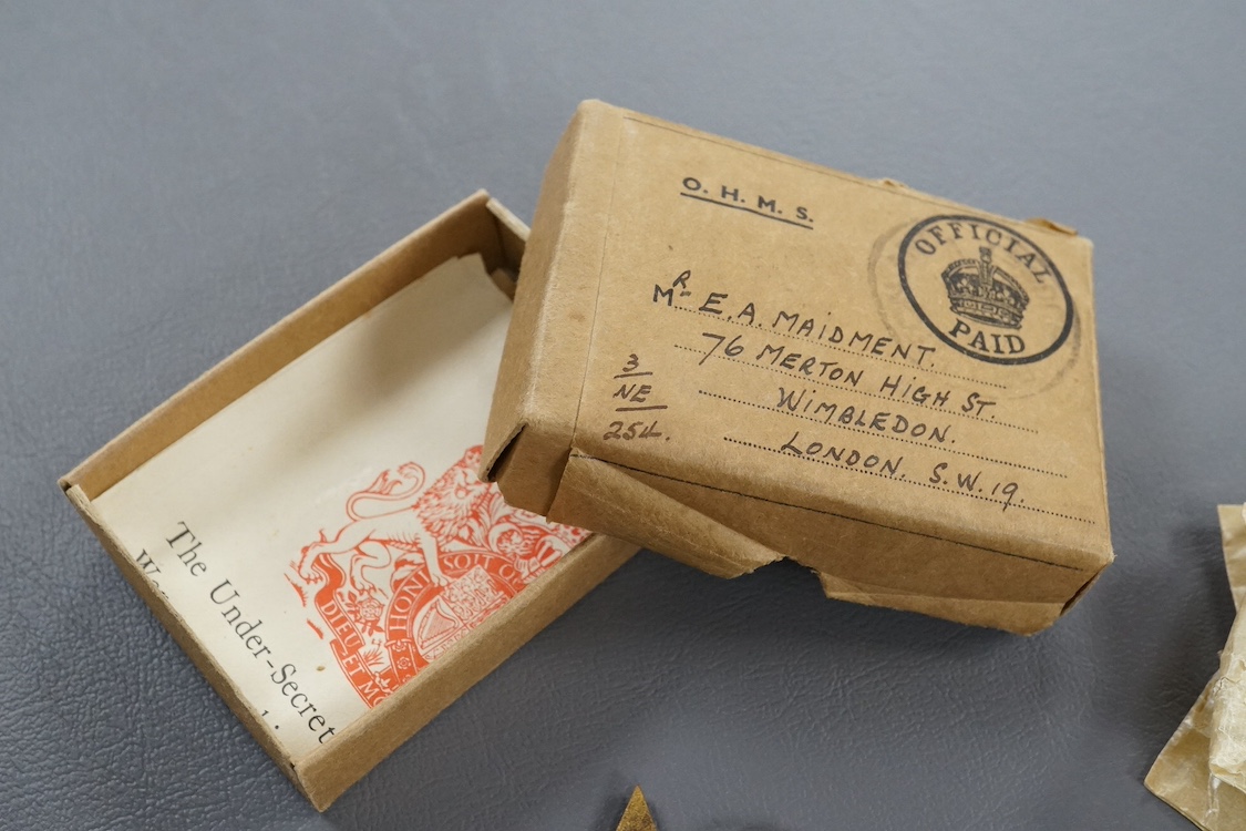 A WWII medal group awarded to E.A. Maidment, comprising; 1939-45 Star, Italy Star, Defence Medal and War Medal, in original card issue box with leaflet. Condition - good, medals still contained within their greaseproof e